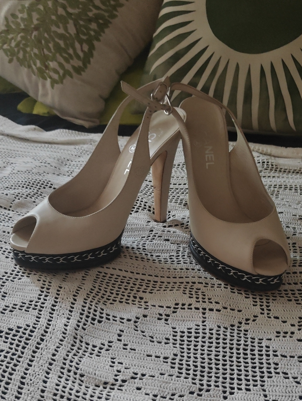 Chanel Beige Peep-Toe Slingback Heels